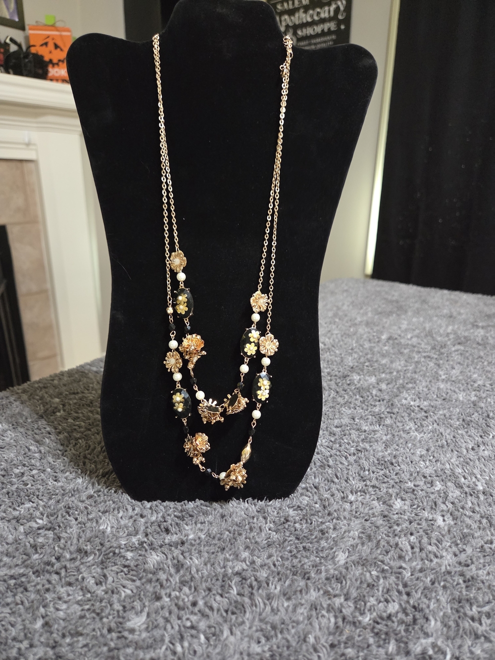 Cato Gold-Tone Floral Multi-Strand Necklace with Black Beads